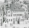 Ausschnitt aus einer Darstellung der Fahnenweihe der Schwäbisch Haller Bürgerwehr auf dem Haalplatz am 10. Juni 1849, zusammen mit dem Nachbarhaus Im Haal 6. Lithografie von W. Haaf (StadtA Schwäb. Hall FS 26933)