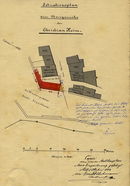 Lageplan zum Neubau einer abgebrannten Scheuer, 1884. Hierbei werden die Reste der Stadtmauer in diesem Bereich abgetragen. Die Ruine des Faulturms scheint nicht mehr vorhanden zu sein (StadtA SHA 27/0450)