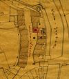 Lageplan zu einem Bauprojekt am Haus Im Weiler 30 von 1871. Noch steht die Ruine des Faulturms (StadtA SHA 27/0449)