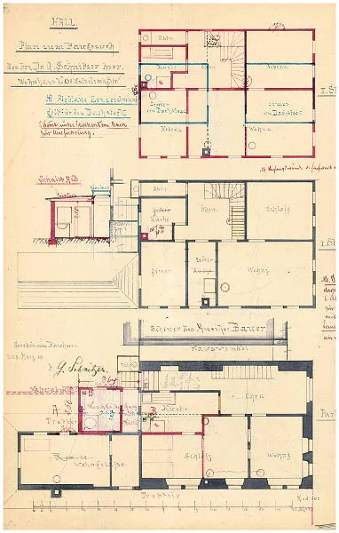 Grundrisse für die nur teilweise umgesetzten Umbaupläne des Hausbesitzers Dr. Guido Schnitzer, 1888 (siehe hierzu „Befunde aus Bauakten“) (StadtA Schwäb. Hall 27/506)