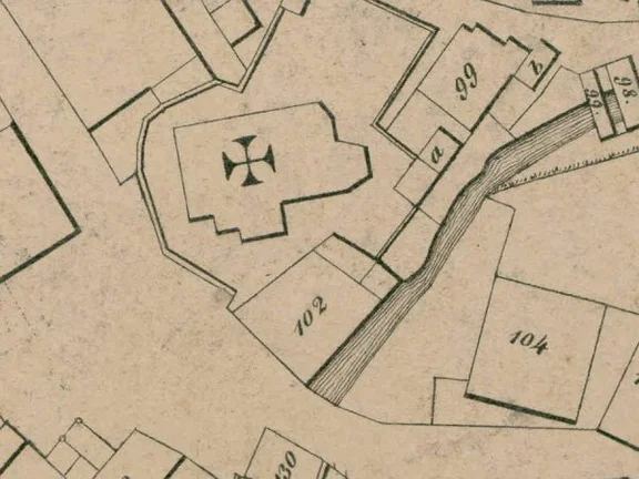 Ausschnitt aus dem Primärkataster  von 1827.  Das Anwesen hat hier fälschlich die Nummer 102 (statt 103) (StadtA Schwäb. Hall S13/0842)