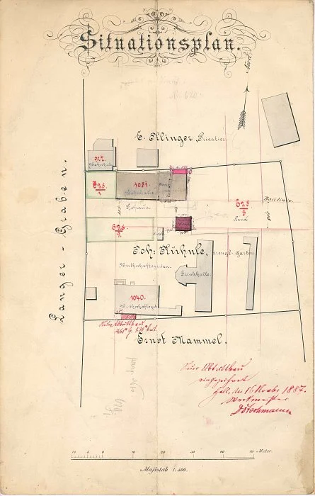 Grundriss zu einem seitlichen Abort-Anbau an das Wirtschaftsgebäude, 1887. Auf dieser Zeichnung ist die seitlich an das Wirtschaftsgebäude angebaute Kegelbahn gut zu sehen (Baurechtsamt SHA, Bauakten Langer Graben 13 und 13/1)