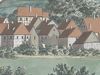 Ausschnitt aus einer Gouache von C. Gebriel mit Comburg und Steinbach zwischen 1809 und 1814. Das Haus ist in der Bildmitte erkennbar und hat wie noch heute eine verbretterte rückseitige Giebelwand (StadtA Schwäb. Hall S10/811)