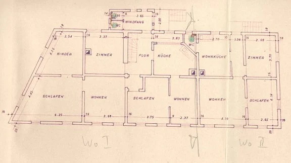 Grundriss des Obergeschosses zwecks Anschluss an die Kanalisation, 1961. Die frühere Wirtsstube ist nun in mehrere Zimmer aufgeteilt (StadtA Schwäb. Hall 27/367)