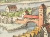 Ausschnitt aus der Stadtansicht von Matthäus Merian nach Vorlage von Leonhard Kern, 1643. Die Schießhütte ist hier halb verdeckt vom fälschlicherweise als Steinbau dargestellten „Roten Steg“ (StadtA Schwäb. Hall S10/506)