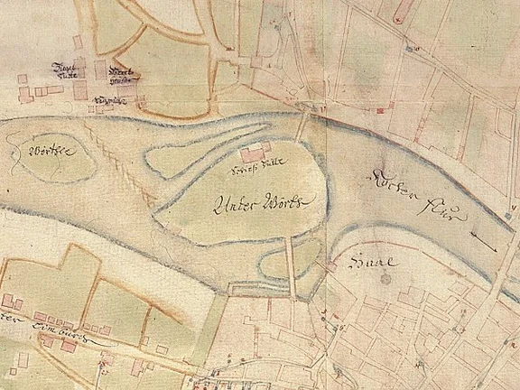 Ausschnitt aus dem Wasserleitungsplan von 1740 mit eingezeichneter „Schieß Hütte“ (StadtA Schwäb. Hall 16/0046)