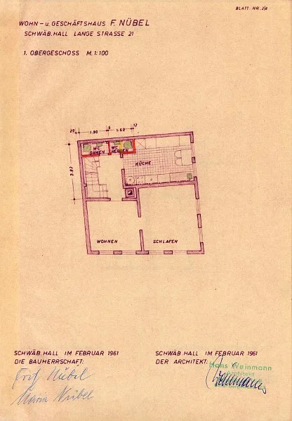 Grundriss des Ersten Stocks zum Anschluss des Hauses an die städtische Kanalisation, 1961 (Baurechtsamt, Bauakten Lange Straße 21)