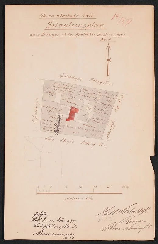 Lageplan zum Neubau eines Hinterhauses an Stelle einer bereits bestehenden Waschküche, 1899 (Stadt Schwäbisch Hall, Baurechtsamt, Bauakten Neue Straße 10)