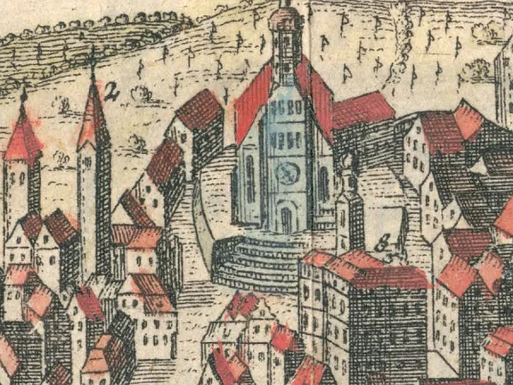 Ausschnitt aus der 1747 als Beigabe zu den „Uffenheimischen Nebenstunden“ von J. J.  Enderes in Schwabach veröffentlichten Stadtansicht (StadtA Schwäb. Hall Alte Dr./271)