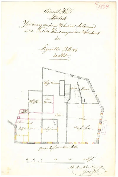 Erdgeschoss-Grundriss von 1864, für Umbauten am Wohnhaus der Bachmühle (StadtA Schwäb. Hall 27/550)