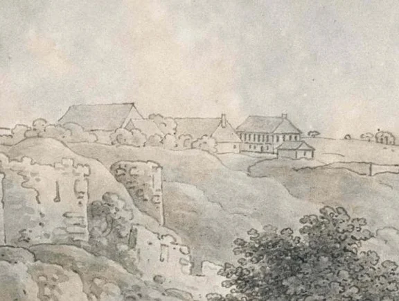 Zeichnung aus dem wohl früheren 19. Jahrhundert, im Vordergrund Mauerreste der Limpurg (StadtA Schwäb. Hall FS 45162)