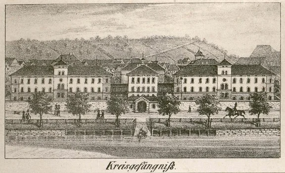 Vignette zu einer Stadtansicht um 1850 mit dem damals neu erbauten „Kreisgefängniß“. Lithographie von W. Haaf nach F. Bonhöfer, um 1850 (StadtA Schwäb. Hall S10/0712)