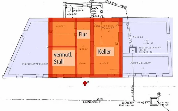 Erdgeschoss des Ursprungsbaus aus dem späten 17. oder frühen 18. Jahrhundert. Rekonstruktion von Albrecht Bedal (StadtA Schwäb. Hall Server Häuserlexikon)