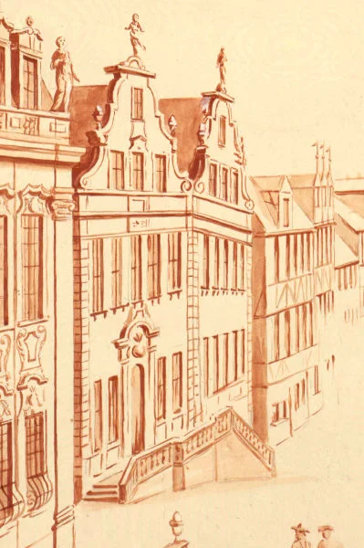 Aussschnitt aus einer Nachzeichnung einer 1902 im Rathaus freigelegten und 1945 zerstörten Freskomalerei des Marktplatzes von Johann Michael Roscher, nach 1735 (StadtA Schwäb. Hall 16/0157)