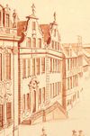 Aussschnitt aus einer Nachzeichnung einer 1902 im Rathaus freigelegten und 1945 zerstörten Freskomalerei des Marktplatzes von Johann Michael Roscher, nach 1735 (StadtA Schwäb. Hall 16/0157)