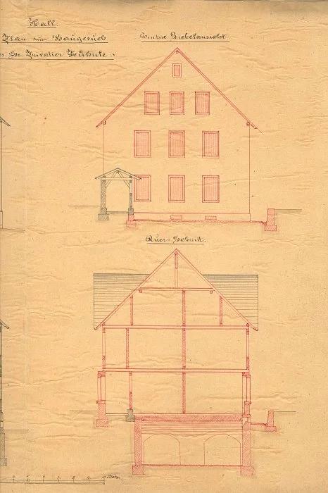 Ansicht der rückwärtigen Giebelseite und Schnittzeichnung zur Erweiterung des Wirtschafts- und Wohngebäudes durch Heinrich Weber, 1878 (Baurechtsamt SHA, Bauakten Langer Graben 13 und 13/1)