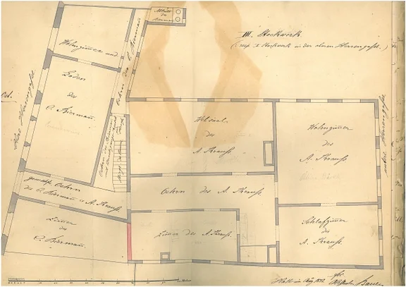 Grundriss des „III Stockwerks“ (= Erdgeschoss von der Oberen Herrngasse aus) auf einem Teilungsplan der Hausbesitzer A. Krauß und C. Biermann, 1872 (StadtA Schwäb. Hall  19/1066, Nr, 78)