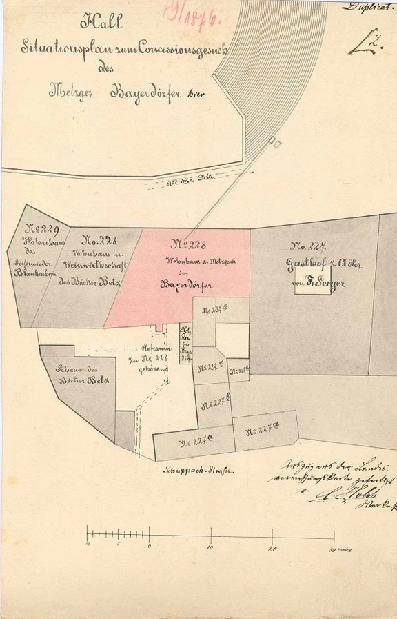 Lageplan zum Gesuch des Metzgers Bayerdörfer zwecks Anlage einer Schlachterei, 1876 (Baurechtsamt SHA, Bauakten)
