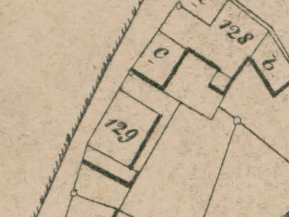Ausschnitt aus dem Primärkataster  von 1827.  Das Haus hat die Nummer 129 (StadtA SHA S13/0842)