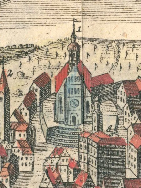 Ausschnitt aus der 1747 als Beigabe zu den „Uffenheimischen Nebenstunden“ von J. J.  Enderes in Schwabach veröffentlichten Stadtansicht (StadtA Schwäb. Hall Alte Dr./271)
