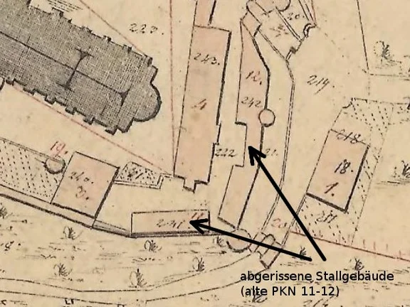 Ausschnitt aus dem Primärkataster 1827-1830. Das abgebrochene Stallgebäude hat die PKN 11 und die spätere Nummer 241 (Plan: Geodatenportal Schwäbisch Hall /  Stadt Schwäbisch Hall, Fachbereich Planen und Bauen, Abteilung Vermessung).