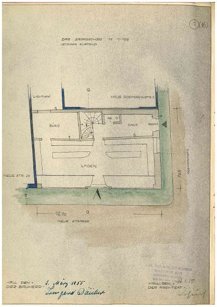 Grundriss des Ladens im Erdgeschoss für den Umbau von 1955, bis dahin bestehender Zustand. Original: Privatbesitz (StadtA Schwäb. Hall DIG 10633)