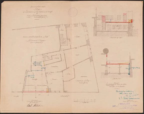 Plan von 1923 zum Anbau einer Terrasse an das Haus Nr. 5; in Nr. 7 lag (wie heute noch) der „Laden“, in Nr. 5 die Räume für den Gastronomiebetrieb (StadtA Schwäb. Hall 27/0568)