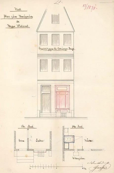 Plan zu einer Vergrößerung des Schaufensters, 1871 (Baurechtsamt Schwäbisch Hall, Bauakten)