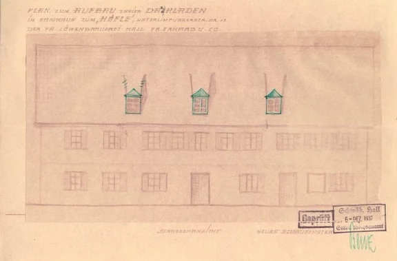 Fassadenansicht zum Einbau von Dachläden für eine Dachwohnung, 1937 (StadtA Schwäb. Hall 27/367)