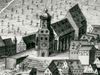 Ausschnitt aus der Ansicht der durch den Großen Stadtbrand vom 31. August 1728 zerstörten Stadt. Kupferstich von A. Nunzer in Nürnberg nach Vorlage von J. P. Meyer (StadtA Schwäb. Hall FS 36334)