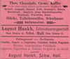 Anzeige des im Haus ansässigen Geschäfts des August Hankh von 1901, aus: W. Burkhardt (Bearb.): Adreß- und Geschäfts-Handbuch der Oberamtsstadt Schwäbisch Hall, Schwäbisch Hall 1901, Inseratenanhang, S. 7 (StadtA Schwäb. Hall Bibl. 2947)