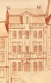 Ausschnitt aus einer Ansicht des Marktplatzes nach 1735. 1903 durch den Haller Maler Gottfried Schmidt gefertigte Nachzeichnung einer im Rathaus freigelegten und heute nicht mehr existierenden Freskomalerei von Johann Michael Roscher (StadtA Schwäb. Hall 16/0157)