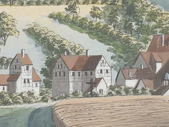 Ausschnitt aus einer Gouache von C. Gebriel mit Comburg und Steinbach zwischen 1809 und 1814. Das heutigen Anwesen Neustetterstraße 1 ist in der Bildmitte erkennbar (StadtA Schwäb. Hall S10/811)