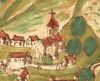 Ausschnitt aus einer kolorierten Federzeichnung von Unterlimpurg in einer Haller Chronik, um 1600 (StadtA Schwäb. Hall HV HS 74 Bl. 35)