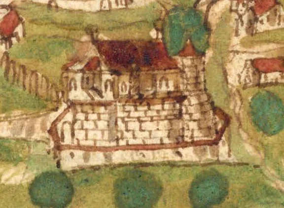 Die Schauenburg auf einer Federzeichnung aus einer Haller Chronik von etwa 1600. Inwieweit sich hier die tatsächlich damals vorhandene Bausubstanz widerspiegelt, muss offen bleiben. Jedoch weist das hier sichtbare Bauwerk mit seinem steinernen Erdgeschoss und dem darauf sitzenden, überkragenden, wohl in Fachwerkbauweise erstellten Aufbau deutliche Parallelen zum Haus Nr. 62 auf, wie es sich noch im 20. Jahrhundert darstellte. Vom rechts angebauten Rundturm sind keine Spuren bekannt (StadtA Schwäb. Hall HV HS 74, Bl. 35).