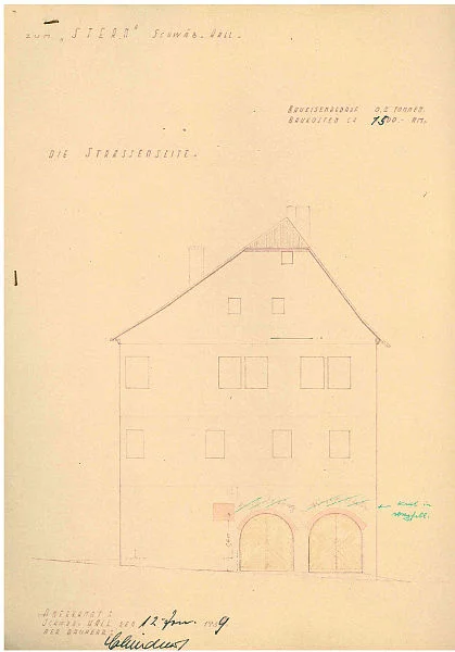 Ansicht des straßenseitigen Giebels aus dem Bauantrag zum Einbau einer Garage und eines Kamins von 1939 (Baurechtsamt Schwäb. Hall, Bauakten Unterlimpurger Straße 61)