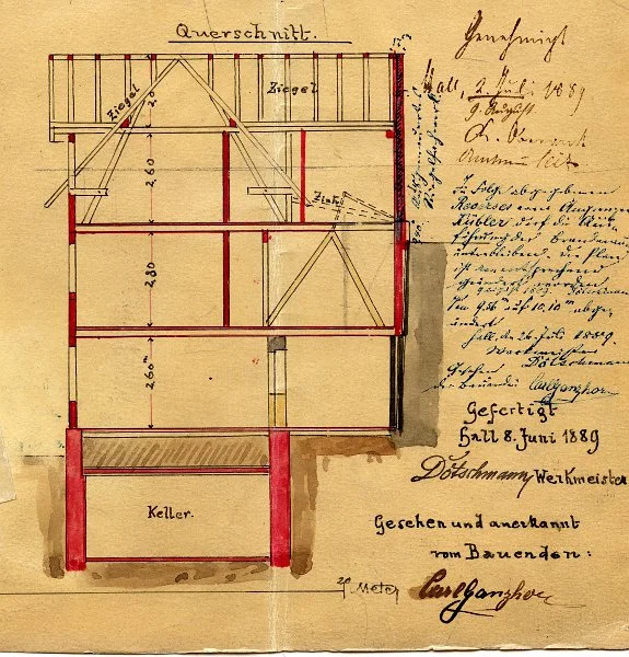Querschnitt zum Ausbau des früheren Wachhauses zum Wohn- und Wirtschaftsgebäude, 1889 (StadtA SHA 21/0456)