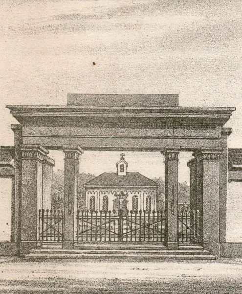 Vignette zu einer Stadtansicht um 1850 mit der neuen Friedhofskapelle. Lithografie von Wilhelm Haaf nach Aufnahme von F. Bonhöffer (StadtA Schwäb. Hall S10/712)