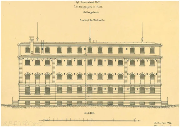 Westseite des „Zellengebäudes“, Stand Juni 1899 (StadtA Schwäb. Hall S06/P06798)