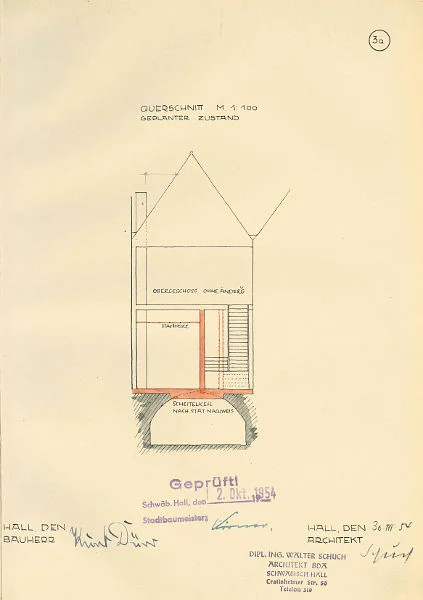Querschnitt zum Umbau zwecks Einrichtung eines Ladens mit größerer Raumhöhe, neuer Bauzustand, 1954. Hierbei ist auch die Veränderung des unter dem Haus gelegenen Gewölbekellers durch Einzug eines „Scheitelkeils“ dargestellt (Baurechtsamt Schwäb. Hall, Bauakten)