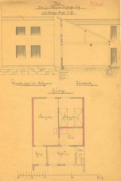 Plan für den Anbau an der Hinterseite, 1871 (Baurechtsamt SHA, Bauakten Gelbinger Gasse 23)