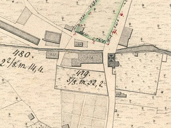 Ausschnitt aus dem Primärkataster von 1827 mit den beiden Armenhäusern, dem Wettbach, der Nikolaikapelle und dem oberen und unteren Friedhof. Letzterer wurde in der Folge einige Jahre als Wiese bzw. Garten genutzt und nach 1870 wieder in einen Friedhof umgewandelt (StadtA Schwäb. Hall S13/0686).
