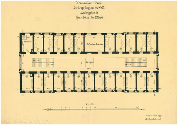 Grundriss für den I. Stock des „Zellengebäudes“, Stand Juni 1899 (StadtA Schwäb. Hall S06/P06794)