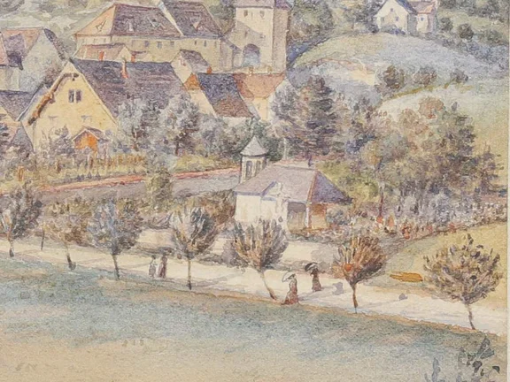 Ausschnitt aus einem Gemälde von J. Berger, 1895, mit der Comburg und Steinbach (StadtA Schwäb. Hall S10/2246)
