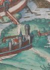 Das Riedener Tor auf der Stadtansicht von Braun/Hogenberg, um 1580 (StadtA SHA S10/508).