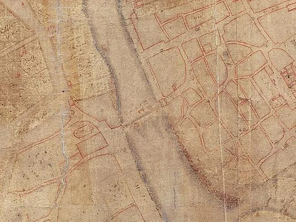 Ausschnitt aus der Schwäbisch Haller Flurkarte von 1710. Noch scheint das Brückenwächterhäuschen zu existieren (StadtA Schwäb. Hall 16/40)