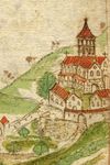 Ausschnitt aus einer Ansicht der Comburg in der „Dötschmann-Chronik“, kolorierte Federzeichnung um 1600 (StadtA Schwäb. Hall S09/10, Bl. 114r)