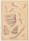 Bei der Grabung gefundene Scherben mittelalterlicher Gefäße des 12. bis 14. Jahrhunderts und Wandbewurfbruchstücke mit Abdruck des Flechtwerks. Zeichnung von Emil Kost (StadtA Schwäb. Hall HV NL 05/27)