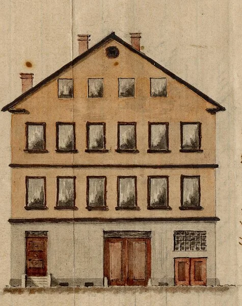 Kolorierte Zeichnung der Fassade; der im Haus aufgewachsene und 1858 nach Australien ausgewanderte Carl Stock fertigte diese Zeichnung 1871 aus dem Gedächtnis an (StadtA Schwäb. Hall R60/30)