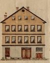 Kolorierte Zeichnung der Fassade; der im Haus aufgewachsene und 1858 nach Australien ausgewanderte Carl Stock fertigte diese Zeichnung 1871 aus dem Gedächtnis an (StadtA Schwäb. Hall R60/30)